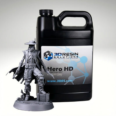 HERO HD Medium Grey 3D printing resin jug with a printed gunslinger miniature