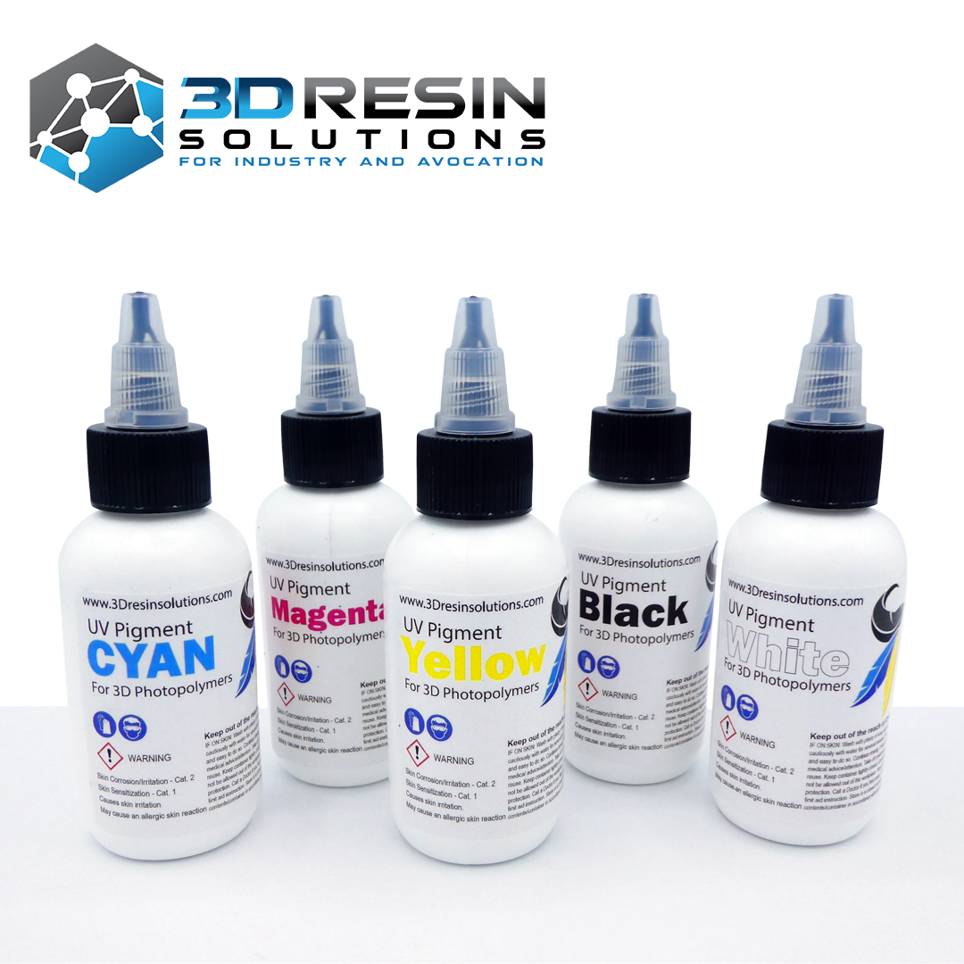 Five bottles of UV pigment in cyan, magenta, yellow, black and white for 3D resin