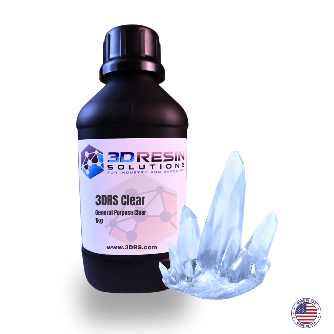 Bottle of 3DRS Clear resin next to a printed clear crystal cluster