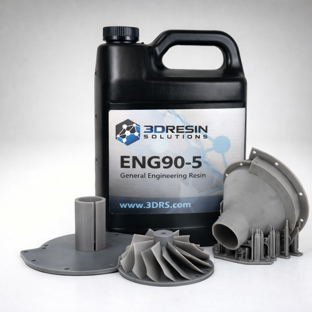 Jug of 3D Resin Solutions general engineering resin with printed grey engineering parts