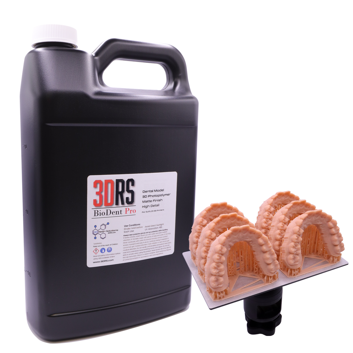Jug of 3DRS BioDent Pro resin with printed dental arch models