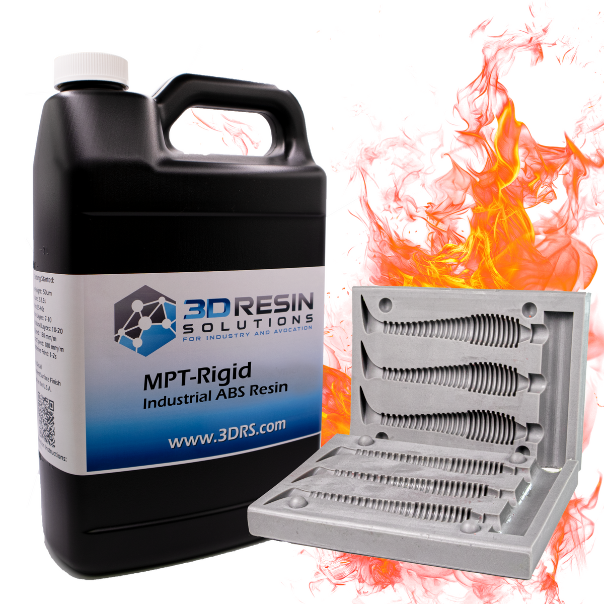 Jug of MPT Rigid resin with a printed grey mold and flames behind it
