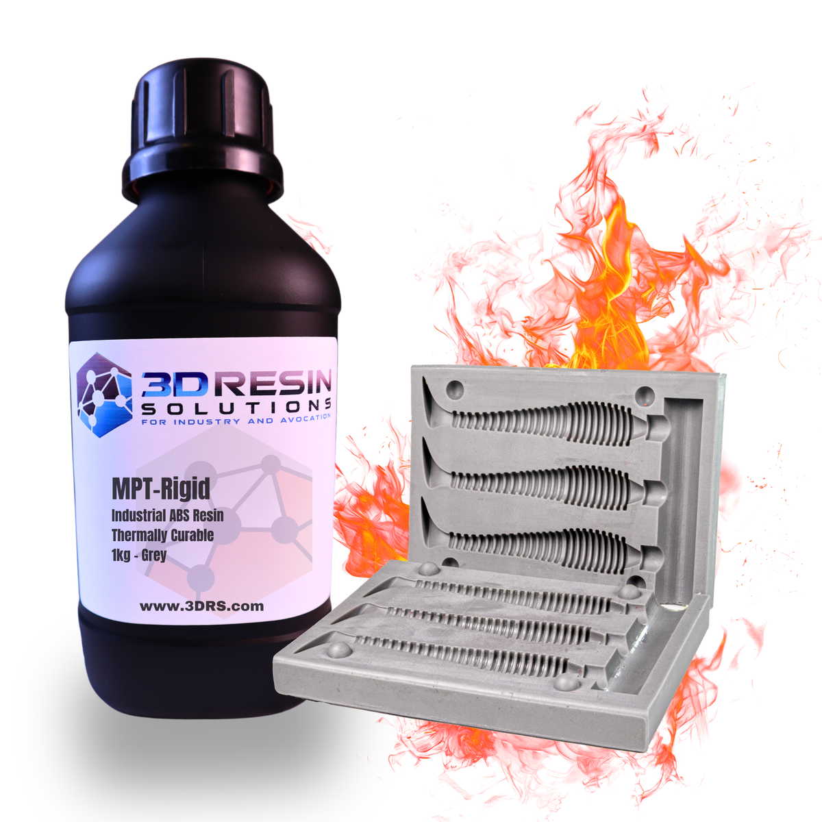 Bottle of MPT Rigid resin with a grey printed mold and flames behind it