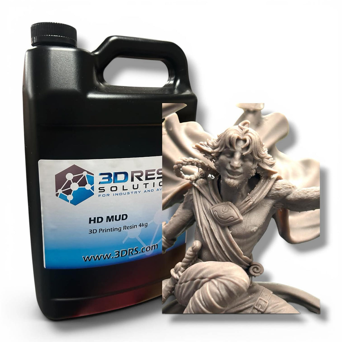 Jug of HD MUD 3D printing resin next to a printed figure of a flying character
