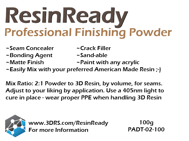 ResinReady professional finishing powder label with uses and a 2 to 1 powder to resin mix ratio