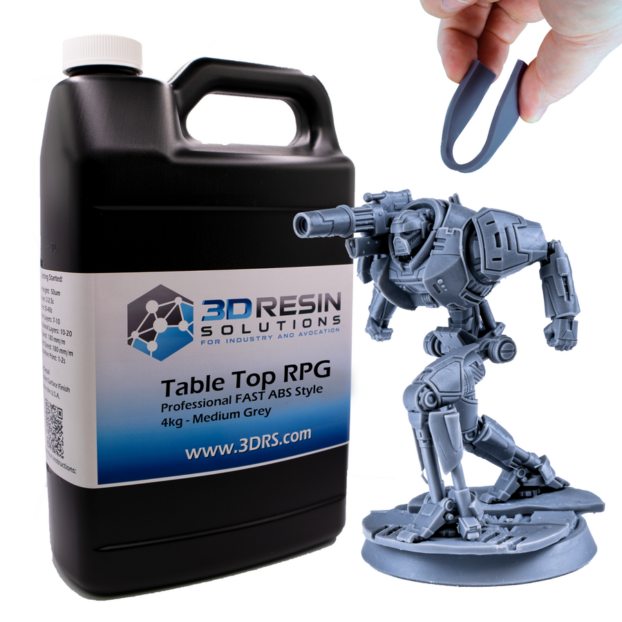 RPG Medium Grey 3D printing resin 4 kg jug with a printed mech miniature
