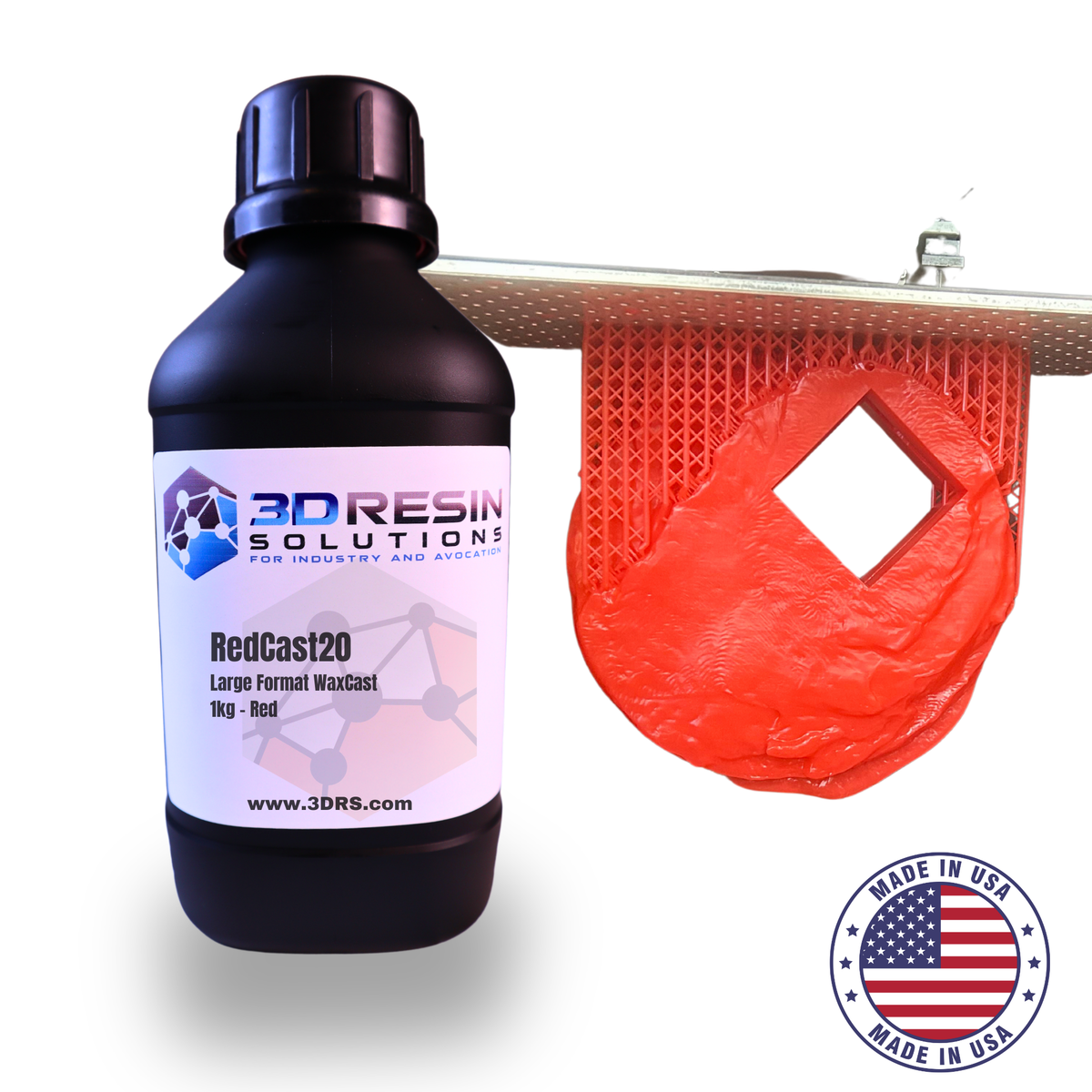 Bottle of RedCast20 casting resin with a red printed lattice part and a Made in USA badge