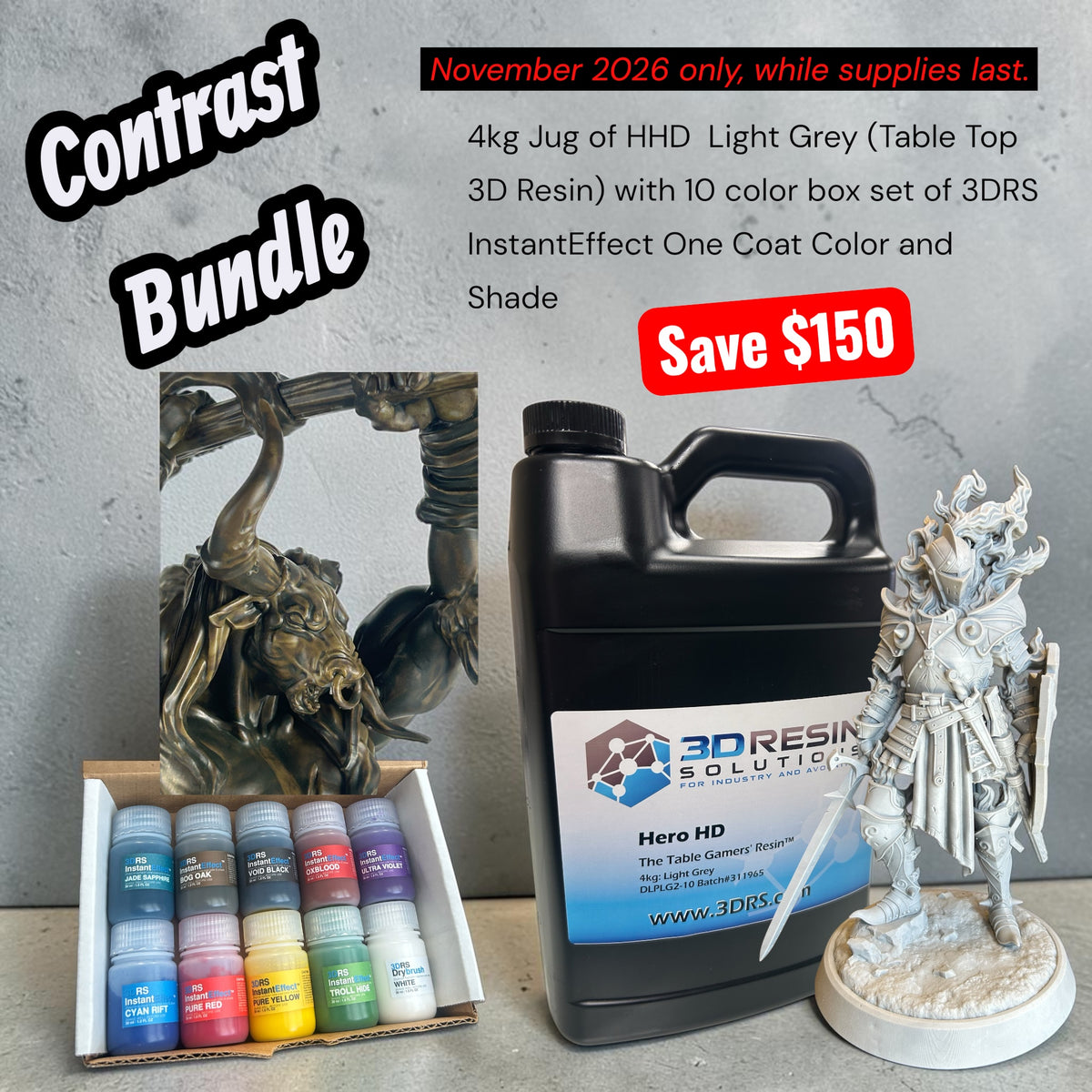 Contrast Bundle: 4 kg jug of Hero HD Light Grey resin with the 10 color InstantEffect box set, save $150, November 2026 only