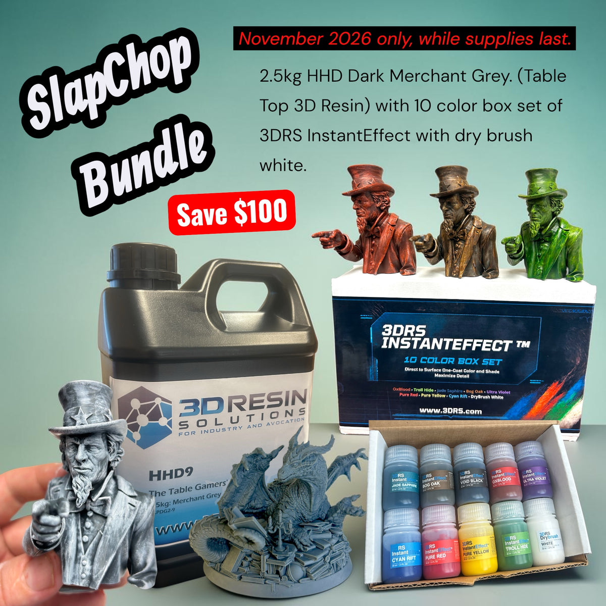 SlapChop Bundle: 2.5 kg Hero HD Merchant Grey resin jug and 3DRS InstantEffect 10 color box set, save $100, November 2026 only