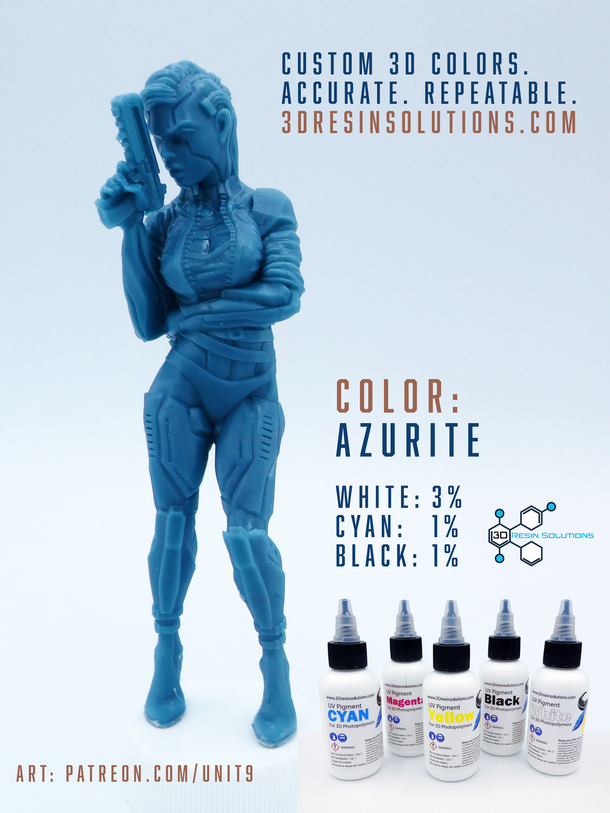 Printed blue figure in Azurite color made with a white, cyan and black pigment mix, with pigment bottles