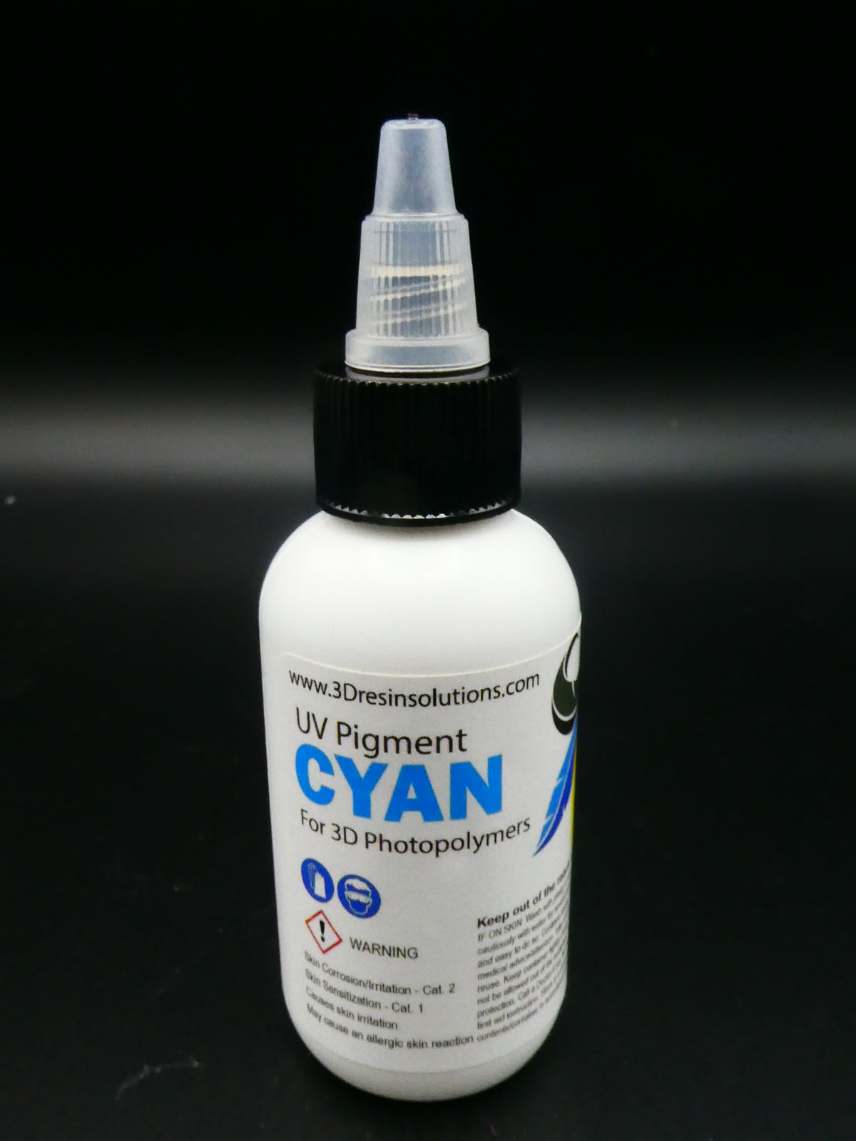 Bottle of cyan UV pigment for 3D photopolymer resin