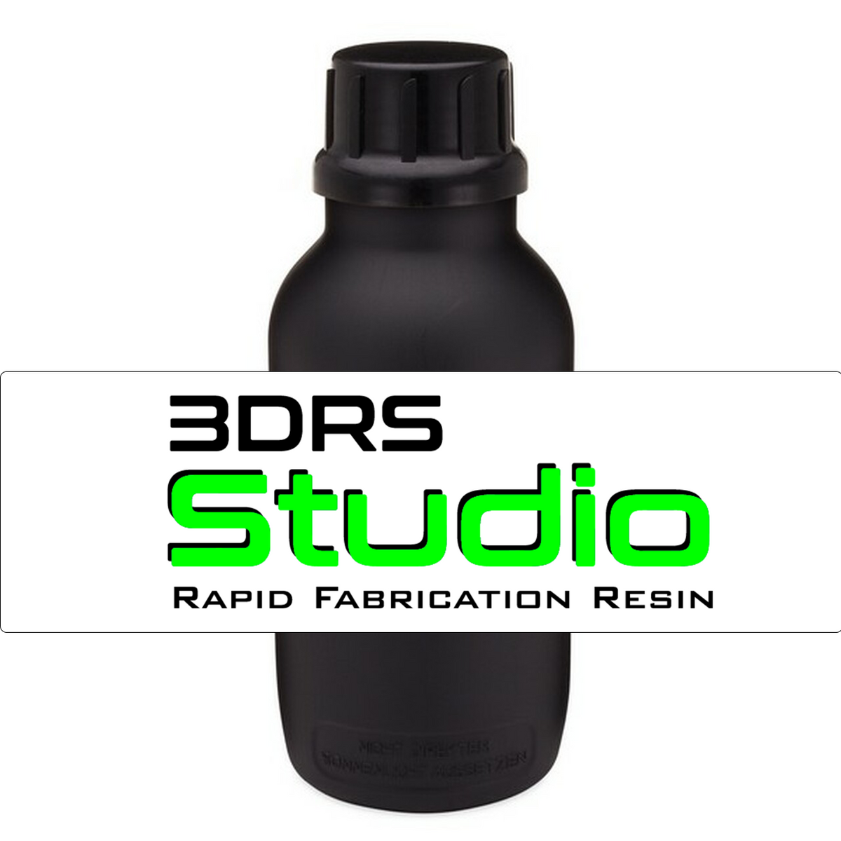 3DRS Studio rapid fabrication resin logo in front of a black resin bottle