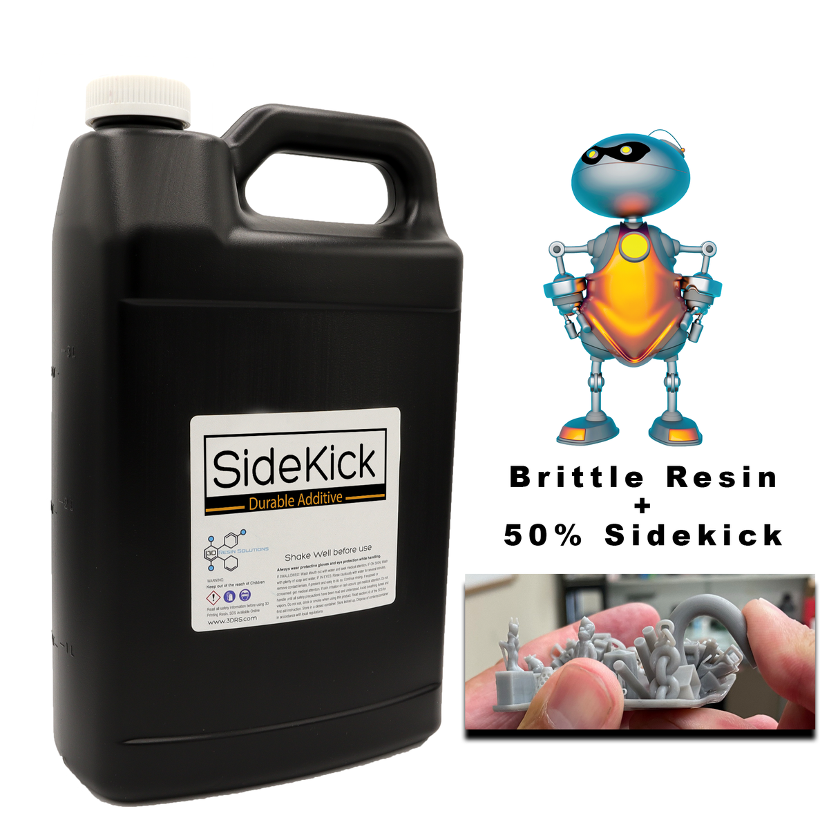 Jug of SideKick Durable Additive next to a photo of a printed miniature made with brittle resin and 50 percent SideKick