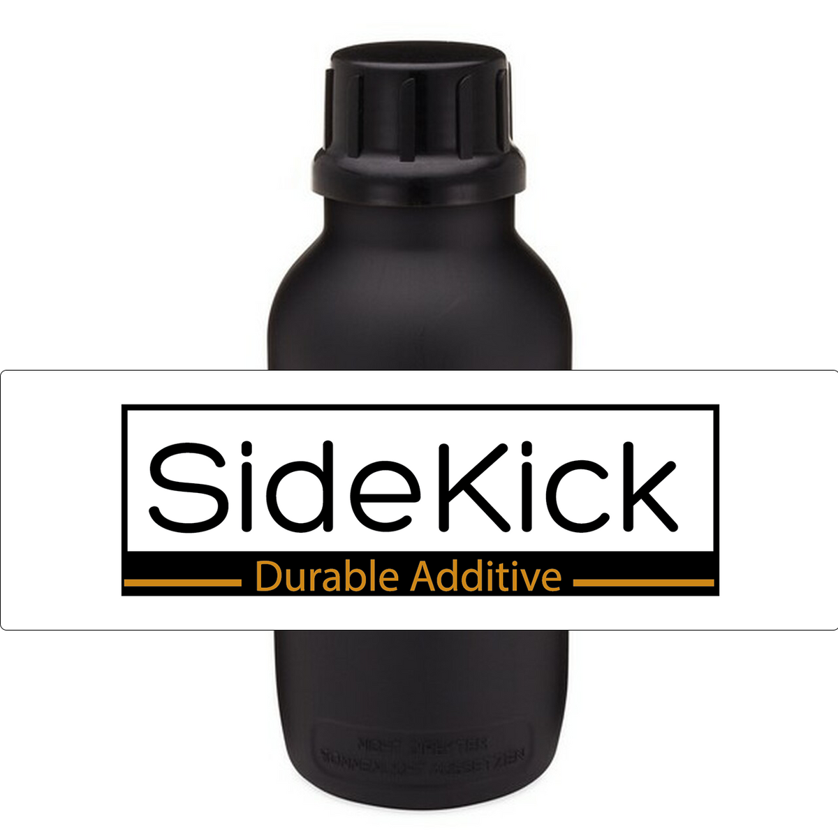 SideKick Durable Additive logo in front of a black resin bottle